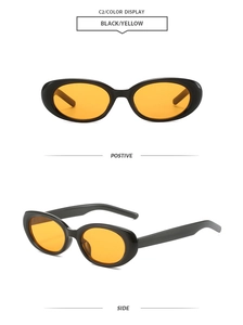 Detailed front and side views of vintage oval sunglasses in black and yellow