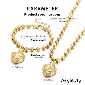 Detail of stainless steel heart necklace and bracelet set with size specifications