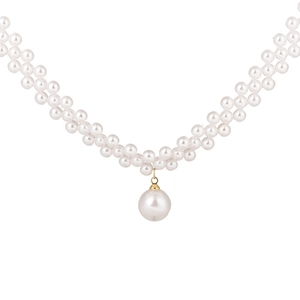 Elegant woven pearl choker necklace with gold clasp and large pearl pendant on white