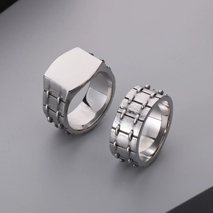 Industrial retro silver square flat top and gear textured ring set for men