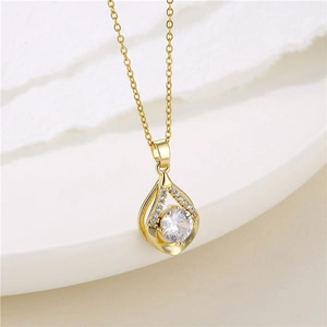 Water Drop Pendant Necklace Stainless Steel Zircon Inlaid Simple Elegant Jewelry For Women Plated Gold Tone