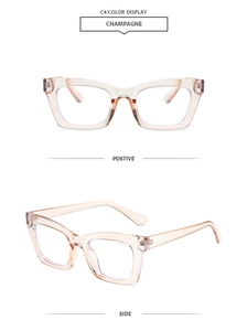 Detailed front and side views of champagne square frame glasses in transparent acetate
