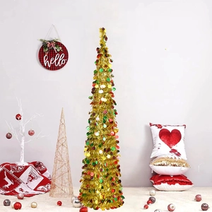 Foldable golden tinsel Christmas tree with colorful sequins for home festive decor