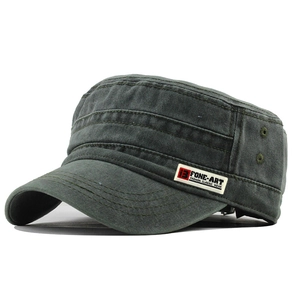 Close-up of washed cotton cadet hat with embroidered patch and metal eyelet details
