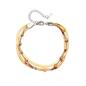 Three-layer layered stainless steel bracelet with gold snake chain and tricolor beads