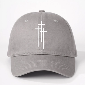Adjustable grey cotton baseball cap with white cross print for outdoor sun protection