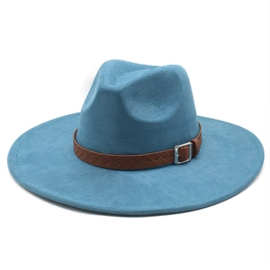 Detail of blue wide-brim fedora hat featuring a brown braided leather band with metal buckle