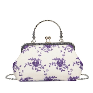 Elegant white lace chain bag with purple floral embroidery and vintage metal handle