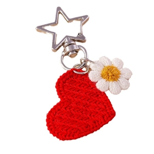 Cute knitted red heart and daisy flower keychain with golden star-shaped metal clasp