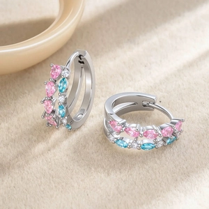 French style double row hoop earrings with pink and blue teardrop zircon stones
