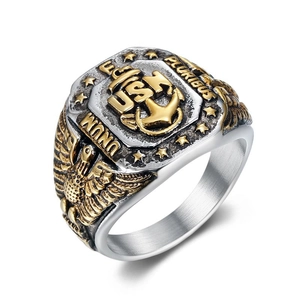 Anello da uomo USN Navy in acciaio al titanio con ancora, aquila e fregi dorati