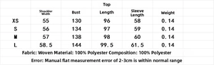 Tableau des tailles détaillé pour ensemble chemise rayée et short avec dimensions