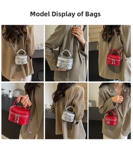 Model showing various angles of a mini quilted box bag with heart chain strap