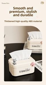Detail of cream tissue box featuring vertical stripes, 3D bear icon and ABS material