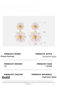 Detail specifications of gold daisy stainless steel earrings with white enamel petals