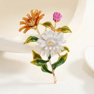 Elegant floral brooch with orange pink and white enamel flowers on gold alloy base