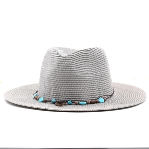Grey straw sun hat for women with bohemian turquoise bead band decoration