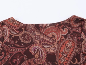 Détail du tissu en mesh à motif cachemire avec encolure ronde et coutures sur la robe