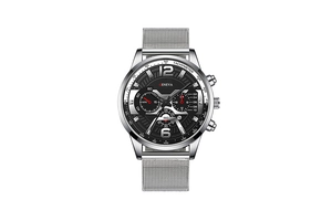 Detailed macro view of Geneva men's watch with silver mesh band and black chronograph dial