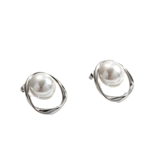 Minimalist pearl earrings with geometric silver stainless steel mobius ring design