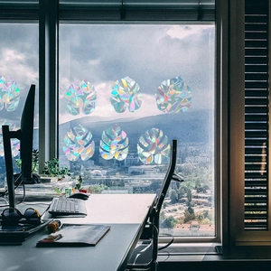 Rainbow prism leaf window stickers with holographic effect on office glass window
