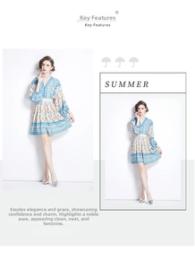Detail of V-neck floral mini dress with lantern sleeves and a white waist belt