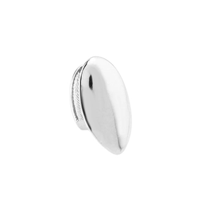 Macro view of a single silver-plated metal grillz tooth with a high-polished finish