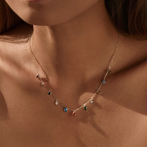 S925 sterling silver gold necklace with colorful teardrop and round gemstones on model