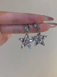 Gros plan de boucles d'oreilles étoiles en cristal argenté tenues par les doigts