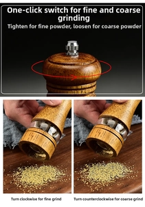 Macro view of adjustable oak pepper mill showing fine and coarse grinding settings