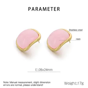 Détails des boucles d'oreilles en résine rose avec bordure en acier doré, 28x24mm