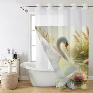 Detail of white swan and lotus flower print on premium waterproof shower curtain