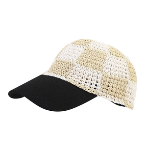 Checkered hand-crochet straw baseball cap with black brim for summer sun protection
