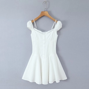French style white mini dress with puff sleeves and button-down bodice detail