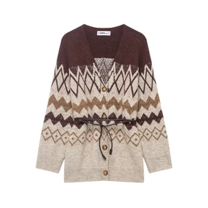 Women Knit Cardigan Sweater V Neck Geometric Jacquard Long Sleeve Button Down With Belt Retro Vintage Fashion