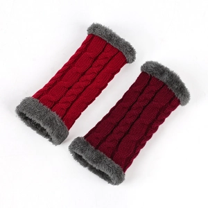 Close-up of wine red cable knit arm warmers with grey plush trim for winter