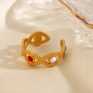 Adjustable evil eye ring in gold-plated stainless steel with colorful enamel beads