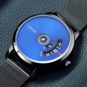 ORUSS Herrenuhr mit blauem Drehteller-Zifferblatt und schwarzem Edelstahl-Netzarmband