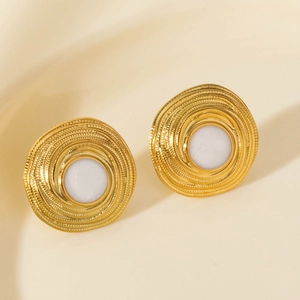 Vintage 304 stainless steel geometric hoop earrings with gold spiral design and white inlay