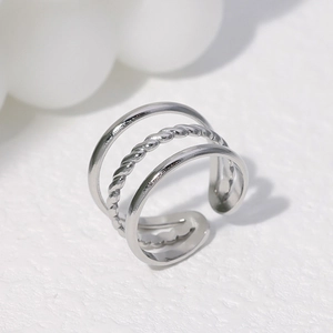 Minimalist silver multi-layer stainless steel open ring with twisted and smooth bands