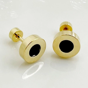Minimalist gold-plated stainless steel stud earrings with black circular inlay and zircon