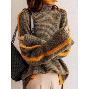Women's turtleneck oversized knit sweater in grey and yellow color-block vintage style