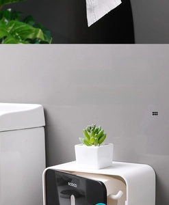 Detail of waterproof wall-mounted toilet paper box with clear window and storage shelf