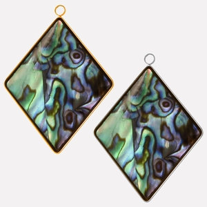 Rhombus abalone shell pendants with textured blue-green hues in gold and silver frames