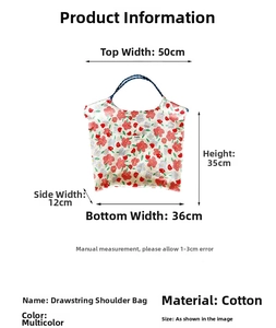 Size chart showing dimensions of the floral cotton shoulder bag with drawstring closure