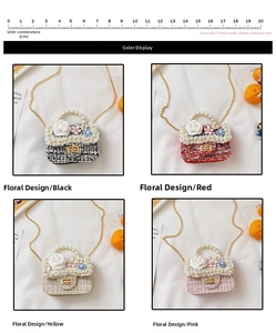 Detail view of mini tweed crossbody bags with pearl handles and floral accents in four colors