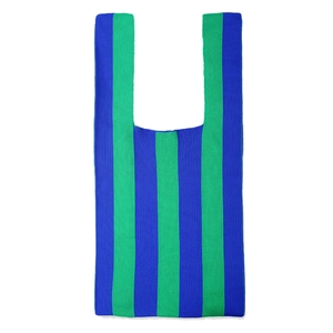 Chic green and blue vertical striped knitted tote bag with vest-style handle design