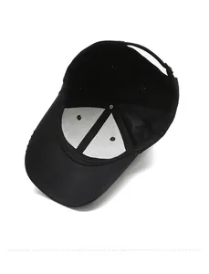 Detailed view of black baseball cap interior construction and sweatband