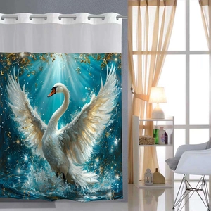 Waterproof shower curtain with white swan digital print and silver metal ring eyelets