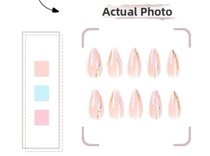 Detail of almond-shaped press-on nails featuring pink and blue wave marble pattern with gold glitter